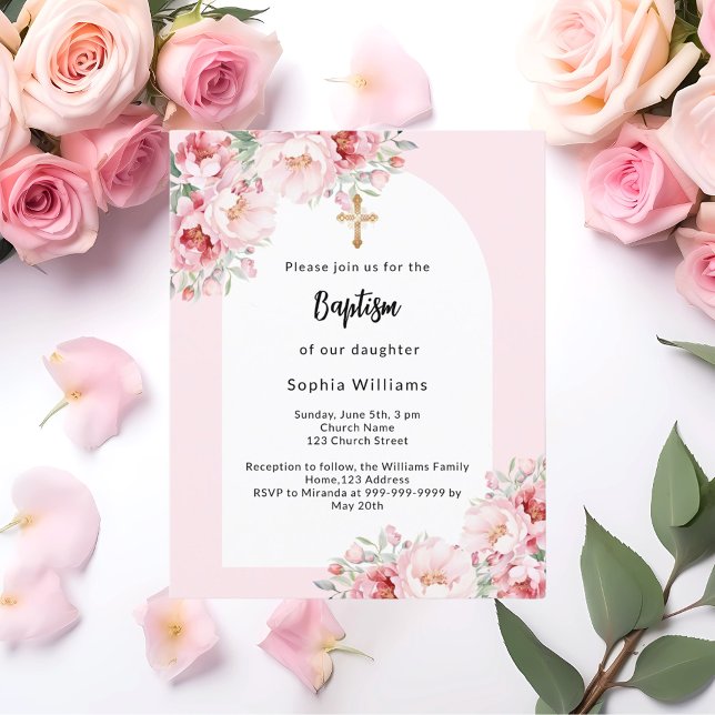 Pink florals arch gold girl baptism invitation (Creator Uploaded)