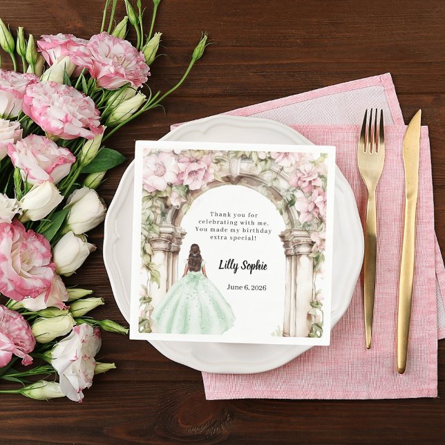 Pink florals arch green dress birthday napkins (Creator Uploaded)