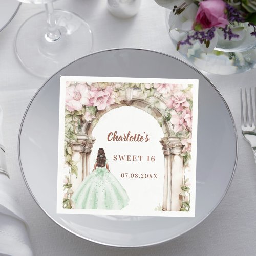 Pink florals arch green dress Sweet 16 luncheon Napkins