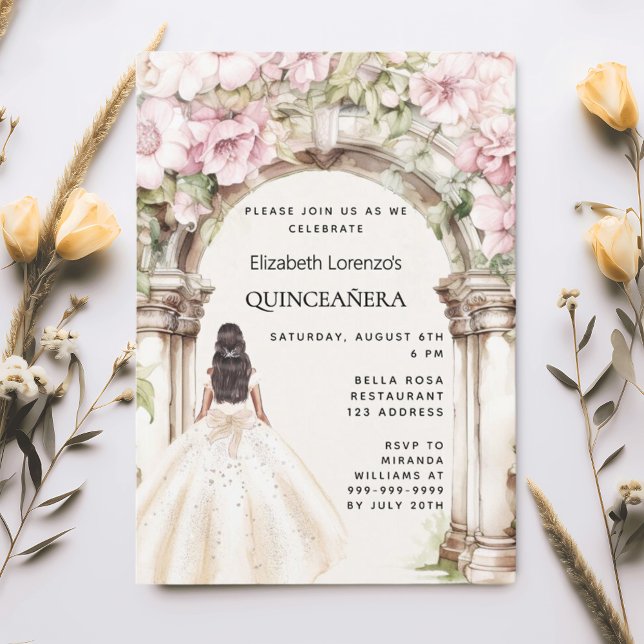 Pink florals arch white dress Quinceanera Invitation (Creator Uploaded)