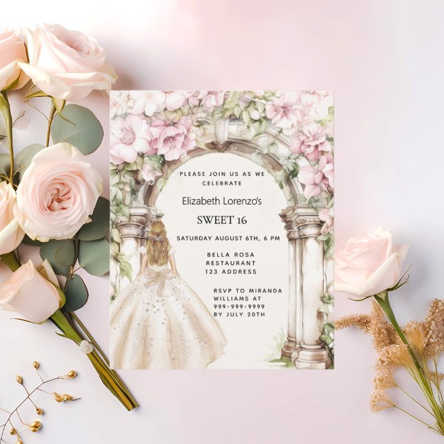 Pink florals arch white dress Sweet 16 invitation (Creator Uploaded)