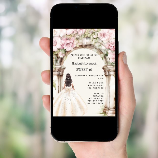 Pink florals arch white dress Sweet 16 Invitation (Front Digital)