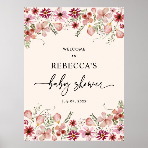 Pink Florals Baby Shower Welcome Sign Poster