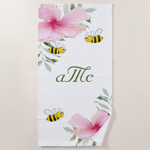 Pink florals bees couple monogram beach towel