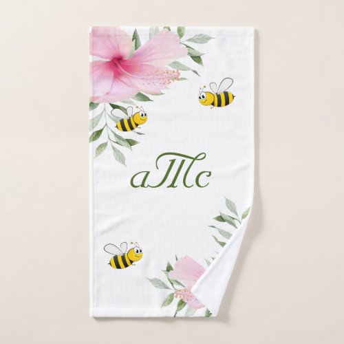 Pink florals bees white couple monogram hand towel 