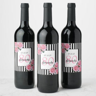 Pink florals black white stripes 80th birthday wine label