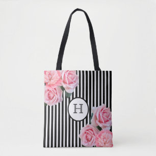 Pink florals black white stripes monogram tote bag
