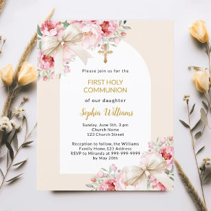 Pink florals bow arch First Communion invitation