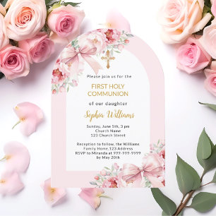 Pink florals bow arch girl First Communion Invitation