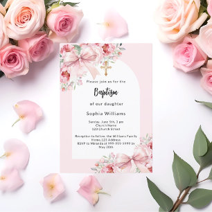Pink florals bow arch gold cross girl baptism invitation