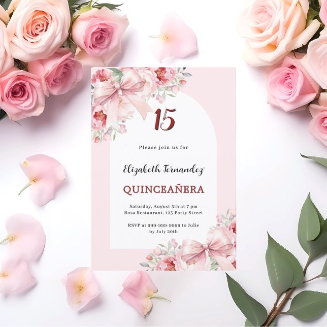 Pink florals bows arch Quinceanera Invitation (Creator Uploaded)