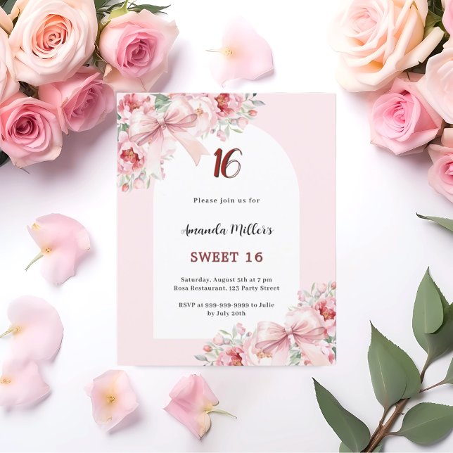 Pink florals bows arch Sweet 16 invitation (Creator Uploaded)