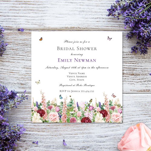 Pink Florals  Butterflies  Square Bridal Shower Invitation