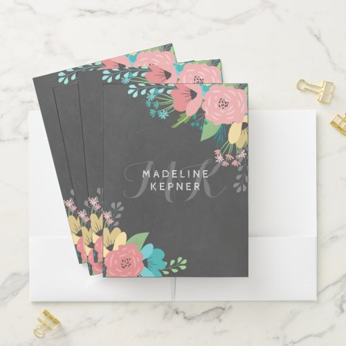 Pink Florals Chalkboard Monogram  Name Pocket Folder