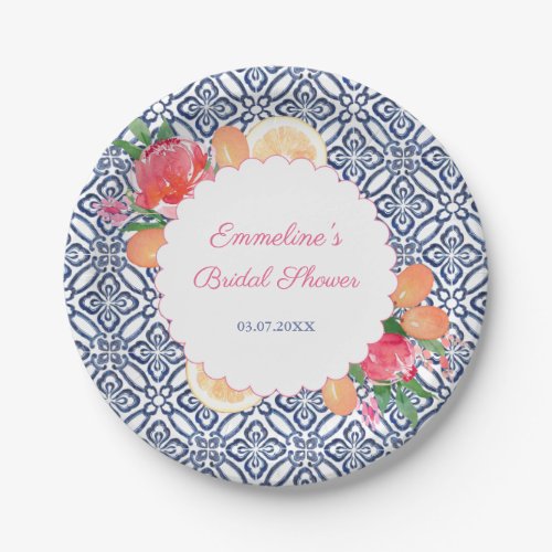 Pink Florals Citrus Fruit Blue White Spanish Tiles Paper Plates