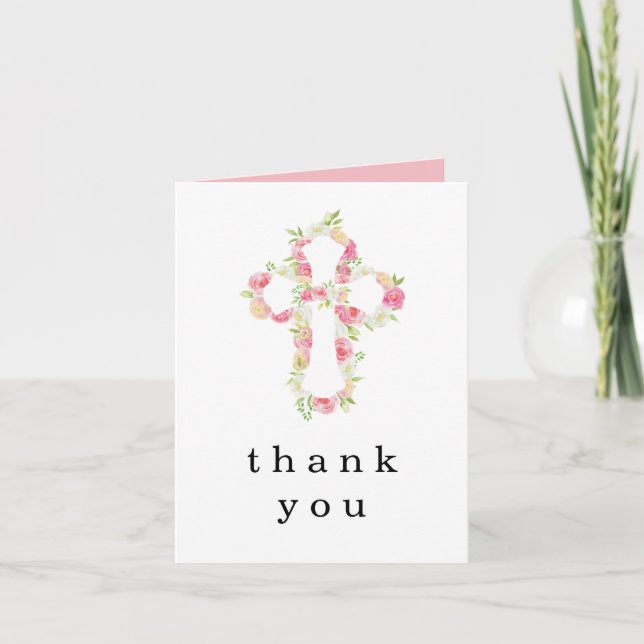 Pink Florals Cross Baptism Christening Thank You Invitation (Front)