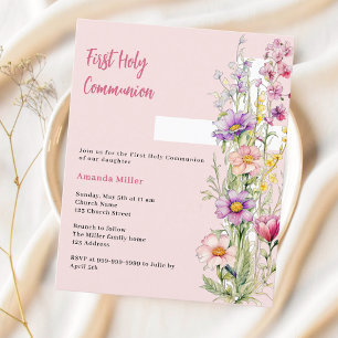 Pink florals cross girl First Communion invitation