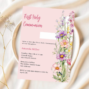 Pink florals cross girl First Communion Invitation