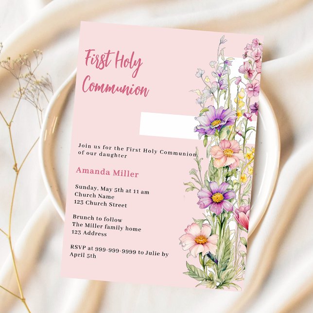 Pink florals cross girl First Communion Invitation (Creator Uploaded)