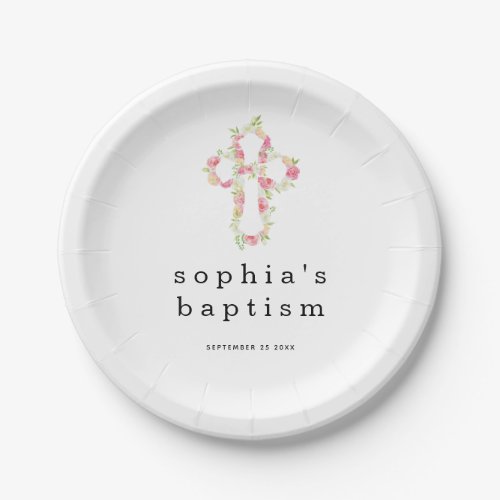 Pink Florals Cross Name Date Girl Baptism Paper Pl Paper Plates