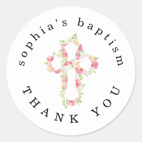 Pink Florals Cross Name Thank You Girl Baptism  Classic Round Sticker