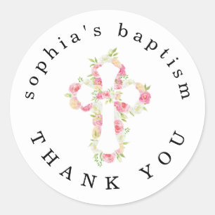 Pink Florals Cross Name Thank You Girl Baptism Classic Round Sticker