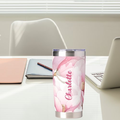 Pink florals custom name insulated tumbler