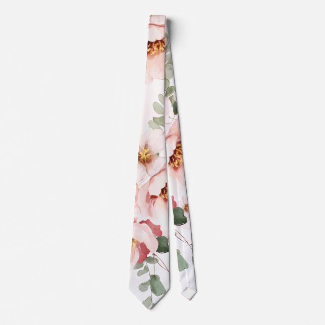 Pink Florals Elegant Eucalyptus Wedding Groom Neck Tie (Front)