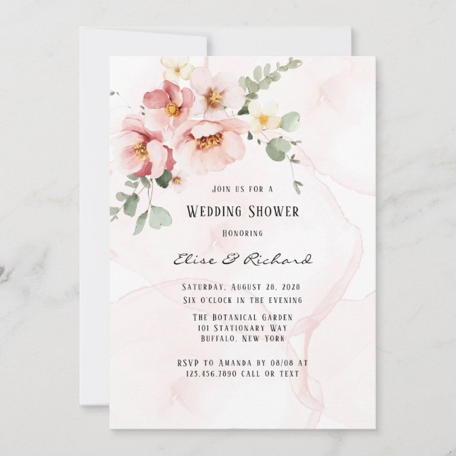 Pink Florals Elegant Eucalyptus Wedding Shower Invitation (Front)
