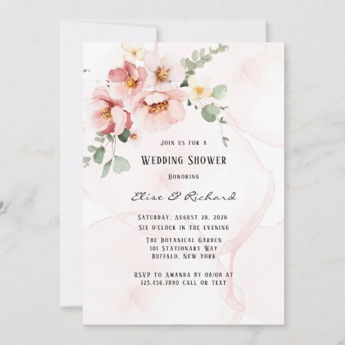 Pink Florals Elegant Eucalyptus Wedding Shower Invitation