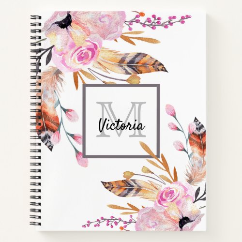 Pink florals feather boho monogram notebook