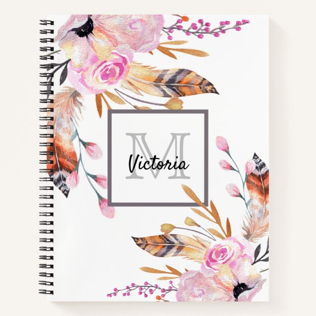 Pink florals feather boho monogram notebook (Front)