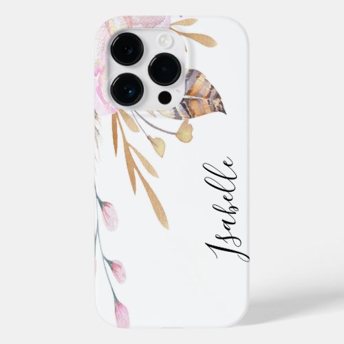 Pink florals feathers white name boho Case_Mate iPhone 14 pro case