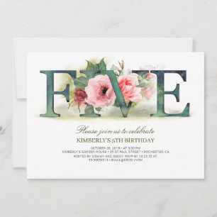 Pink Florals FIVE 5th Birthday Party Invitation