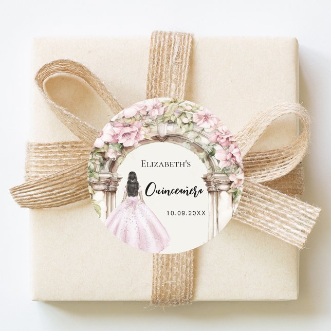 Pink florals garden marble arch dress Quinceanera Classic Round Sticker (Creator Uploaded)
