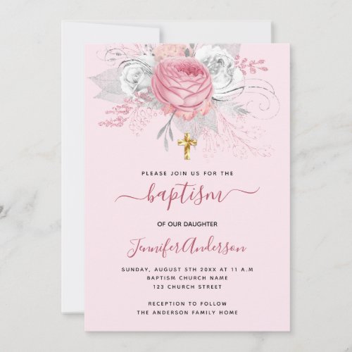 Pink florals girl gold cross baptims invitation