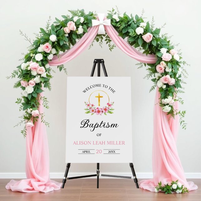 Pink florals, gold cross baptism welcome sign (Creator Uploaded)