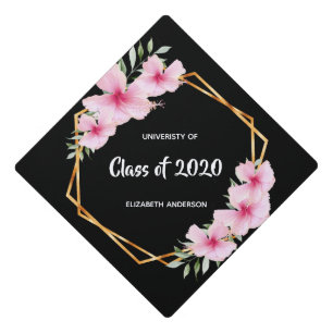 Pink florals gold geometric black graduation cap topper