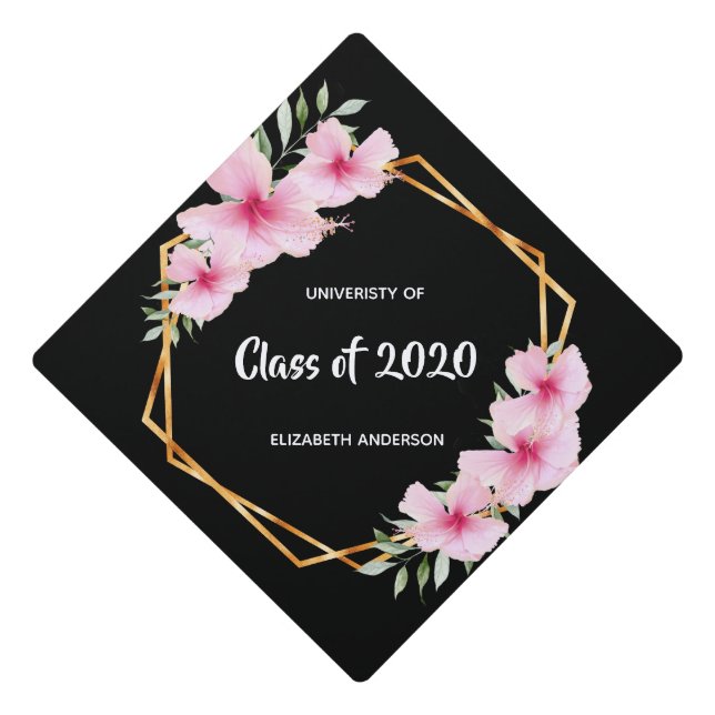 Pink florals gold geometric black graduation cap topper (Front)