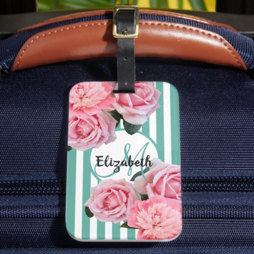 Pink florals green white stripes monogram luggage tag