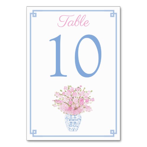 Pink Florals In Blue  White Ginger Jar Wedding Table Number