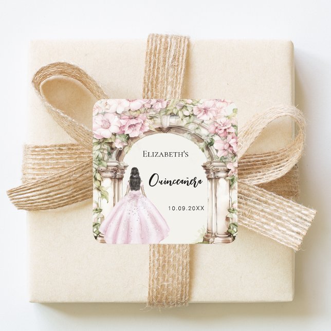 Pink florals marble arch dress Quinceanera Square Sticker (Creator Uploaded)