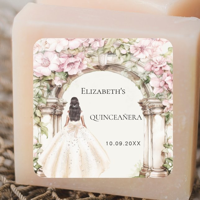 Pink florals marble arch dress Quinceanera Square Sticker (Creator Uploaded)