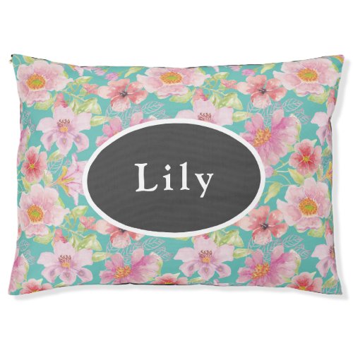 Pink Florals on Aqua Personalized Pet Bed