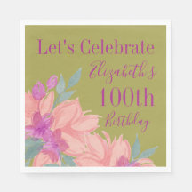 Pink Florals Personalized 100th Birthday Napkins
