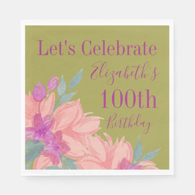 Pink Florals Personalized 100th Birthday Napkins (Front)