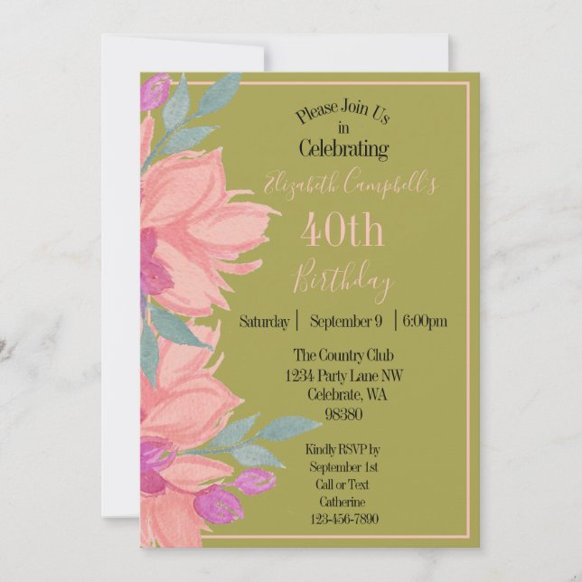 Pink Florals Personalized Birthday Invitation (Front)