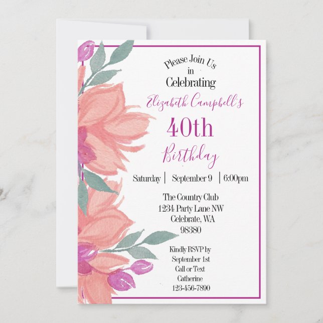 Pink Florals Personalized Birthday Invitation (Front)