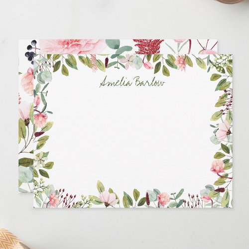 Pink Florals Personalized Flat Note Card