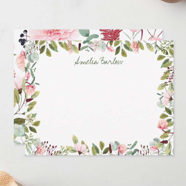 Pink Florals Personalized Flat Note Card (Creator Uploaded)